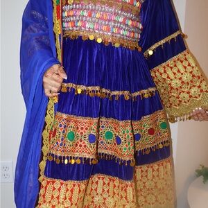 Blue and Gold Velvet Handmade Afghan Women Dress